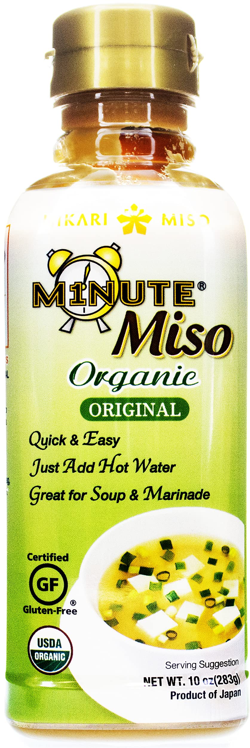 Hikari Minute Miso Soup bottle label highlights organic ingredients and quick prep.