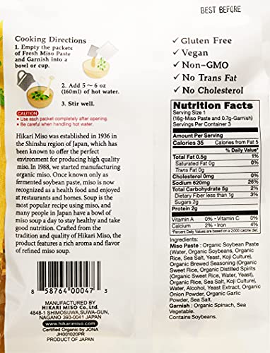 Hikari Miso Organic Instant Miso Soup packaging showing vegan and gluten-free claims.