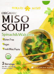 Hikari Miso Organic Instant Miso Soup with spinach and wakame in a bowl.