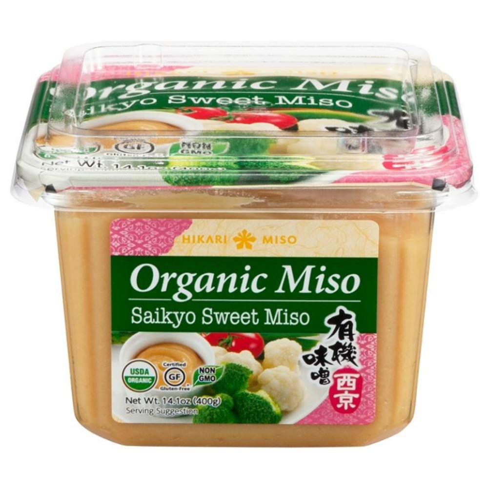 Hikari Miso Saikyo Sweet paste in a jar for a mild, versatile umami glaze.