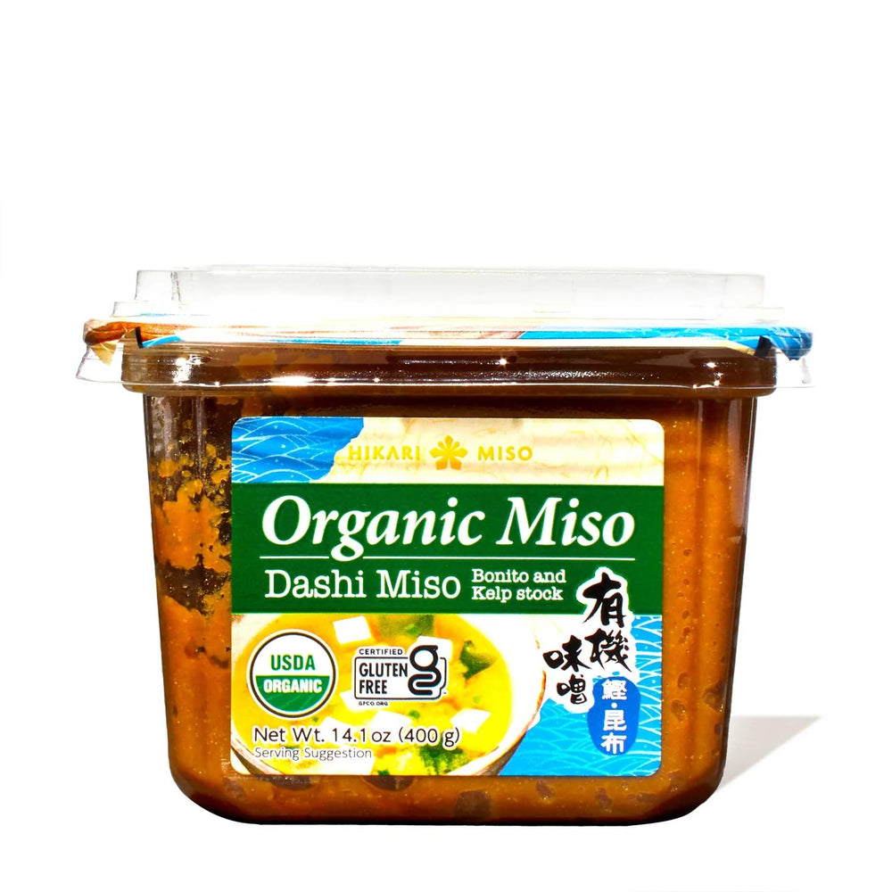 Hikarii Organic White Dashi Miso Paste jar on kitchen counter, perfect base for soups