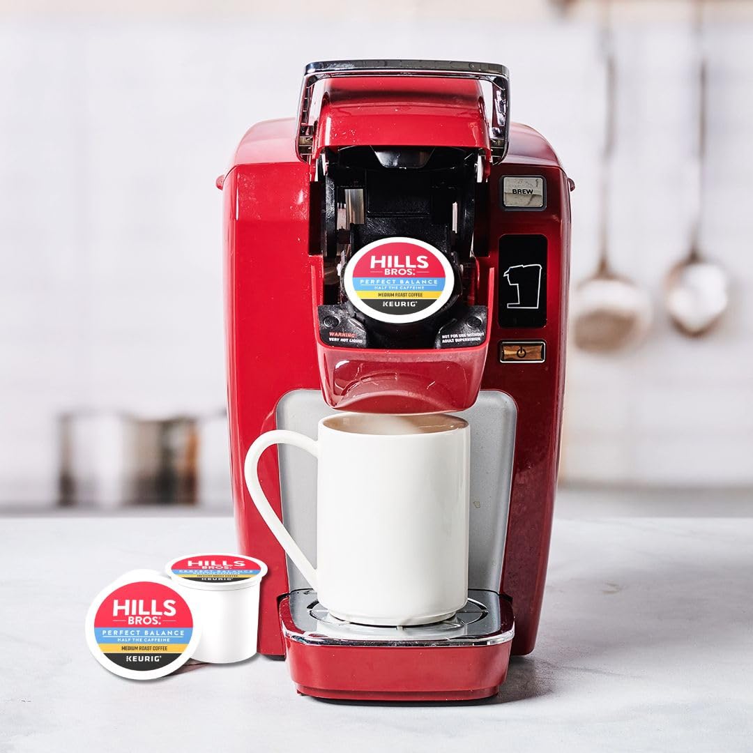 Hills Bros 12-pack Perfect Balance K-Cups on kitchen shelf.