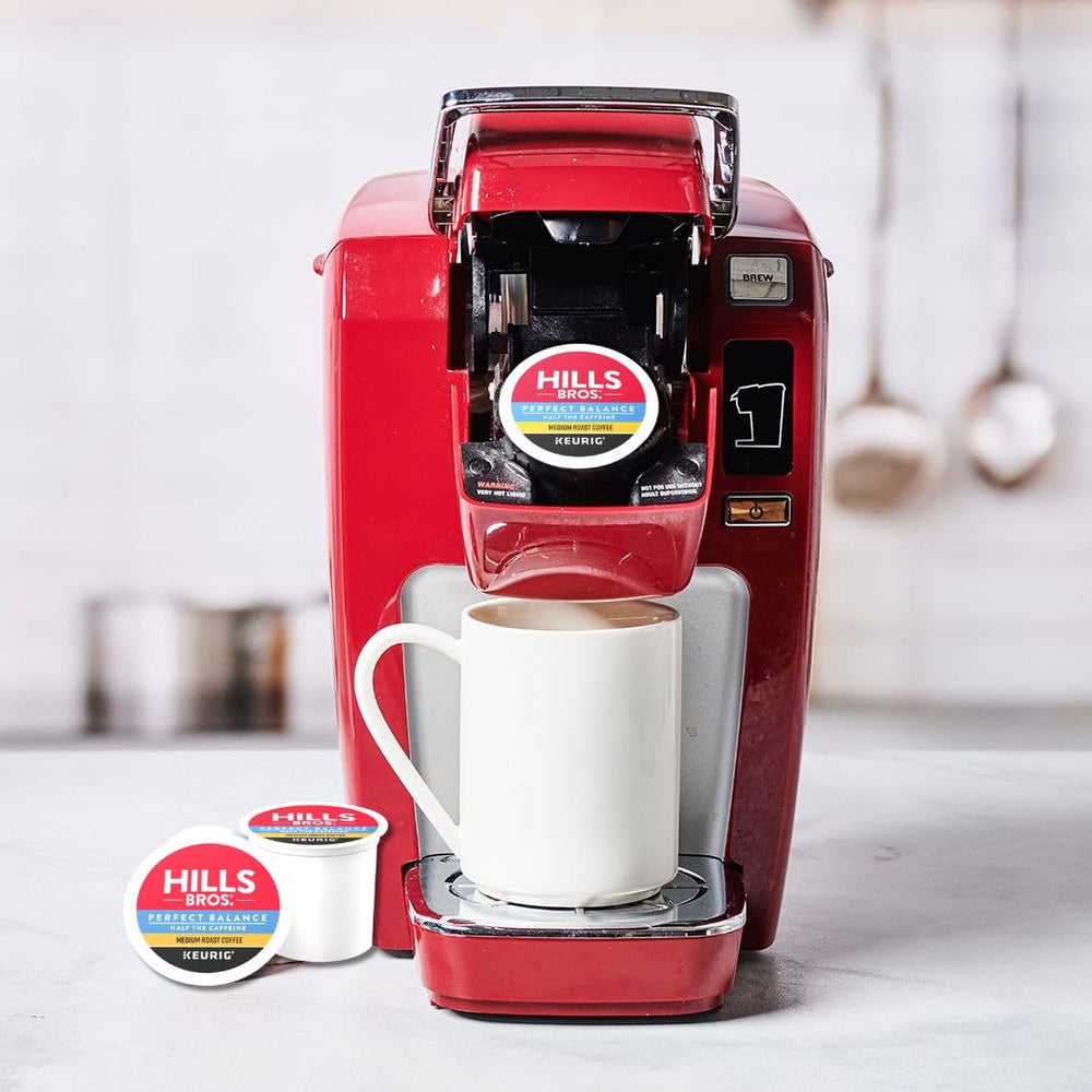 Hills Bros 12-pack Perfect Balance K-Cups on kitchen shelf.