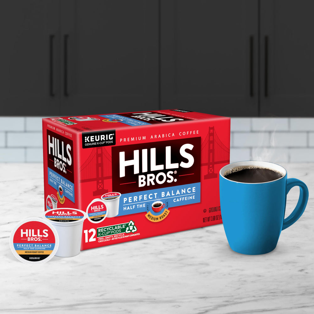 Hills Bros Perfect Balance K-Cup Pod brewed from premium Arabica beans.