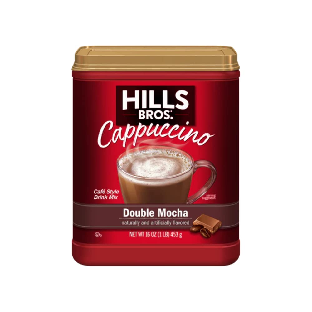 Steaming Hills Bros Cappuccino Double Mocha cup showcasing creamy foam.