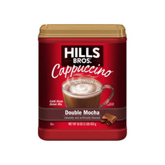 Steaming Hills Bros Cappuccino Double Mocha cup showcasing creamy foam.