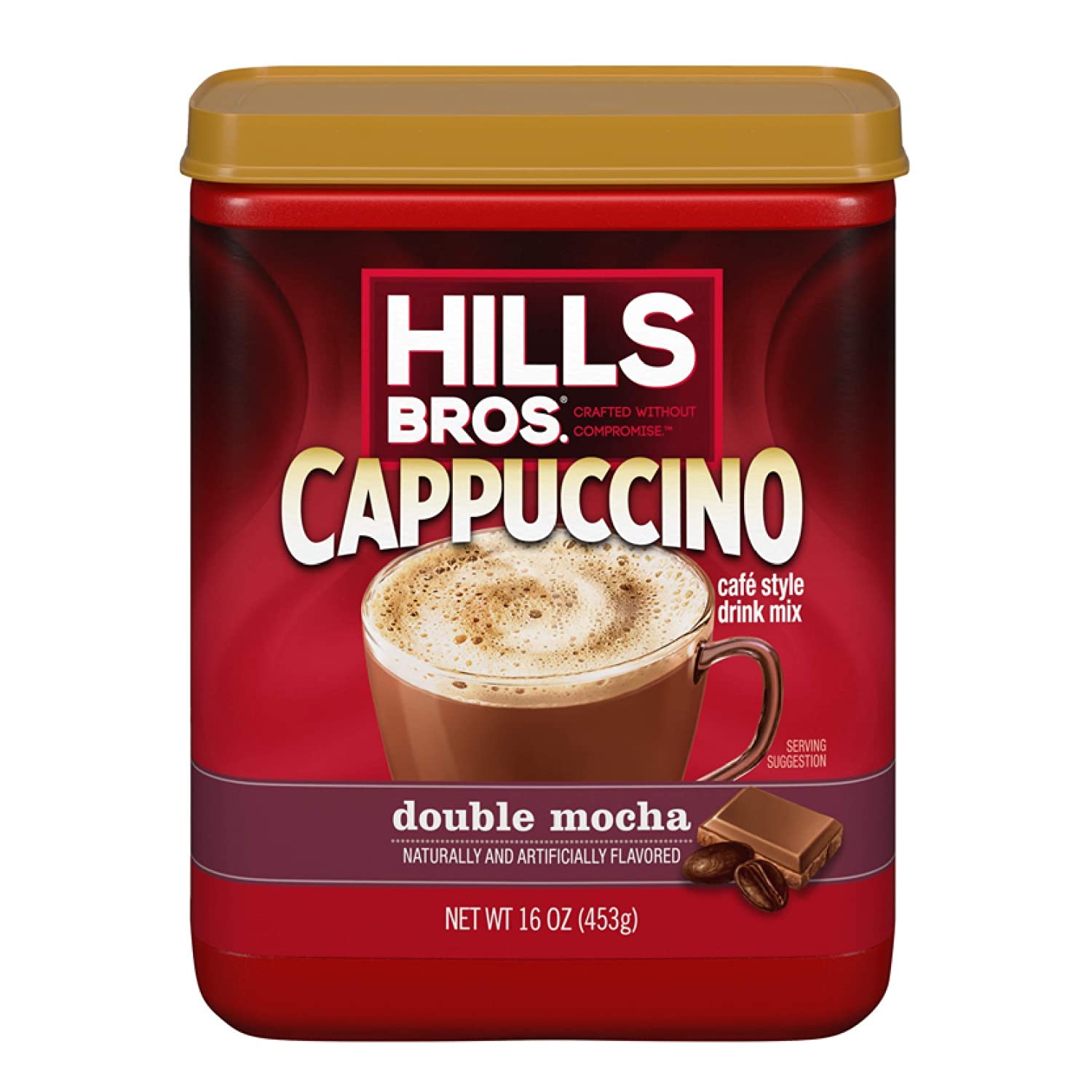Ingredients chart for Hills Bros Cappuccino Double Mocha highlights coffee and cocoa balance.