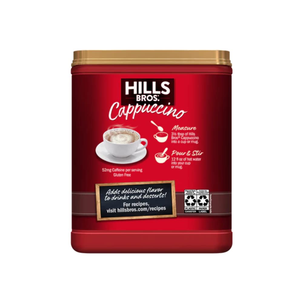 Scoop-dispense close-up of Hills Bros Cappuccino Double Mocha for quick preparation.
