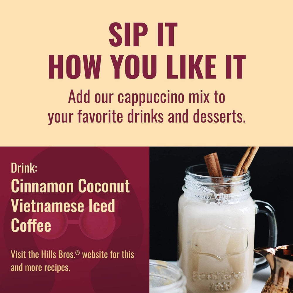 Hills Bros cappuccino foam-top indicating creamy texture in seconds.