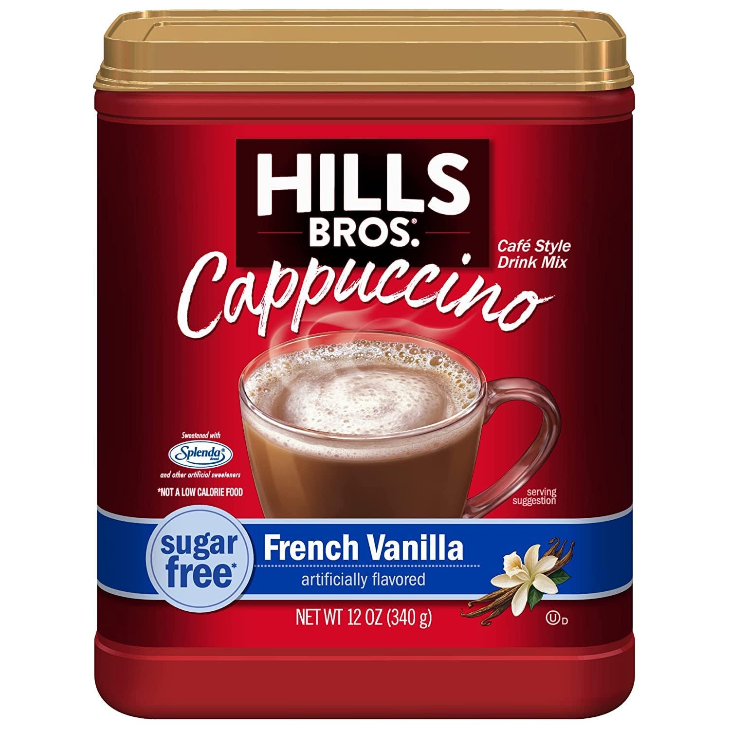 Hills Bros cappuccino French Vanilla cup-hot showing creamy vanilla cappuccino