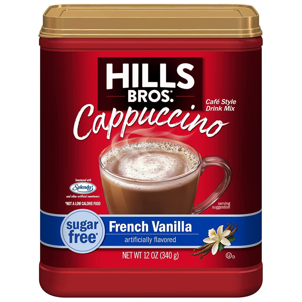 Hills Bros cappuccino French Vanilla cup-hot showing creamy vanilla cappuccino