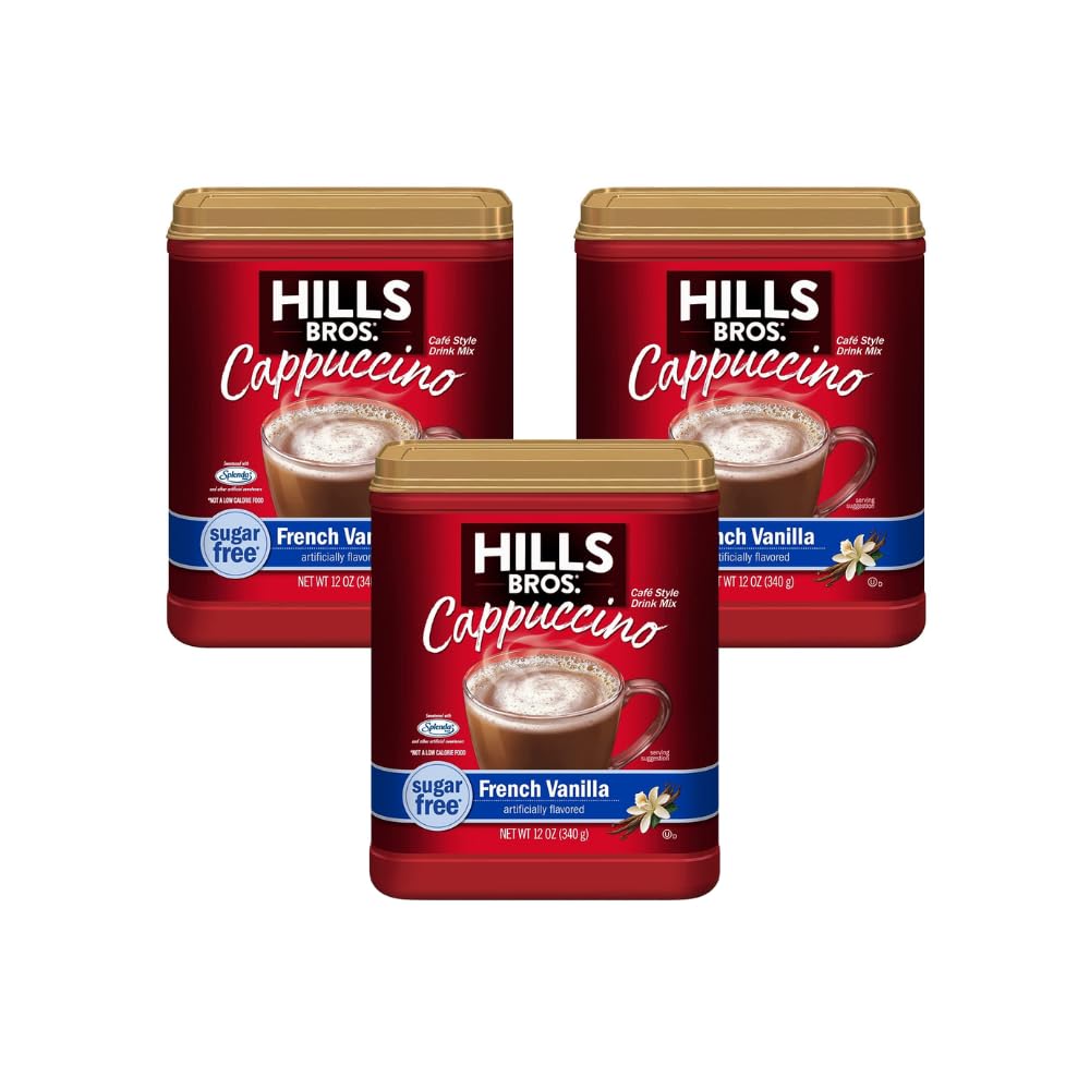 Hills Bros cappuccino French Vanilla packaging highlighting sugar-free mix quality and convenience
