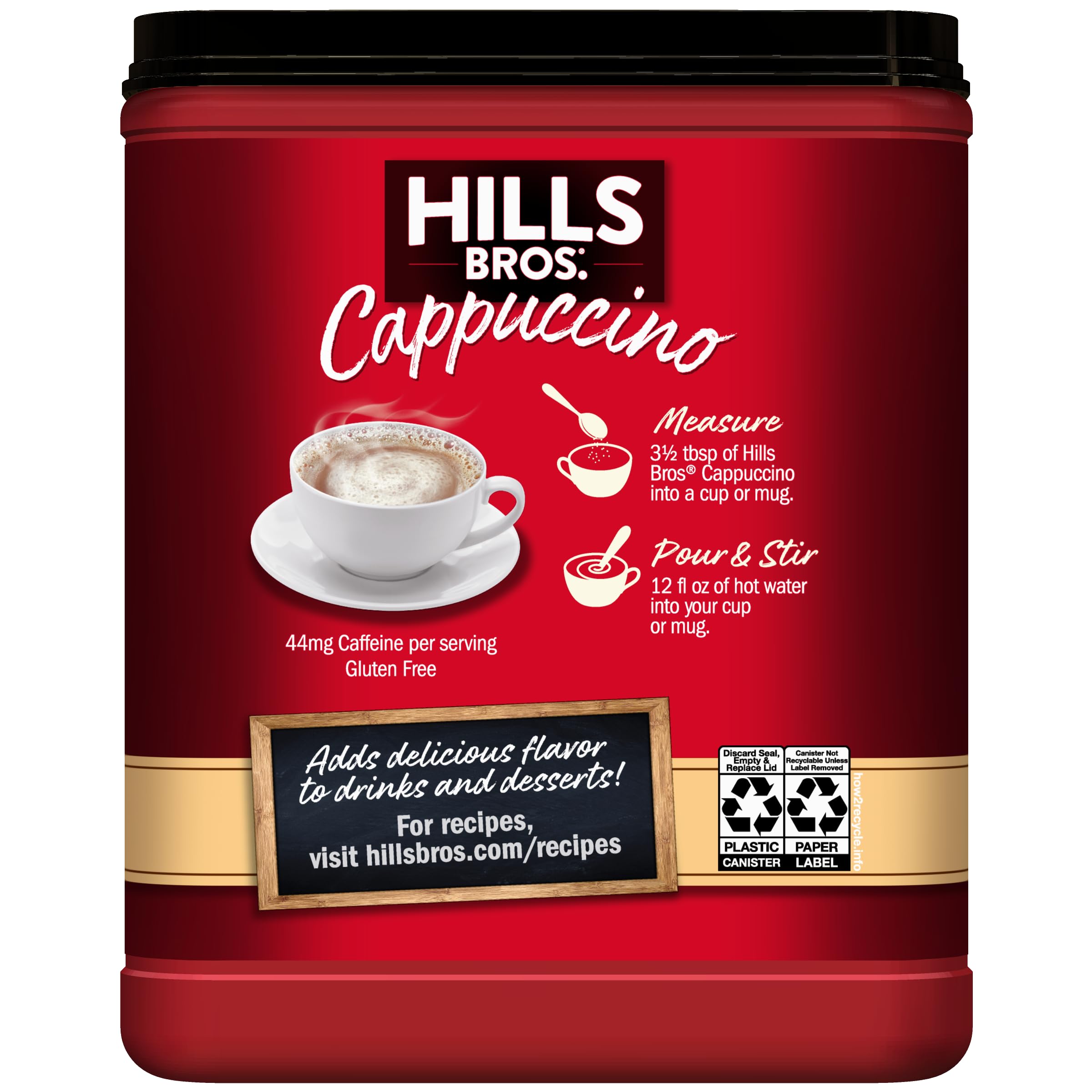 Hills Bros Cappuccino Hazelnut creamer pour over mug for creamy versatility.