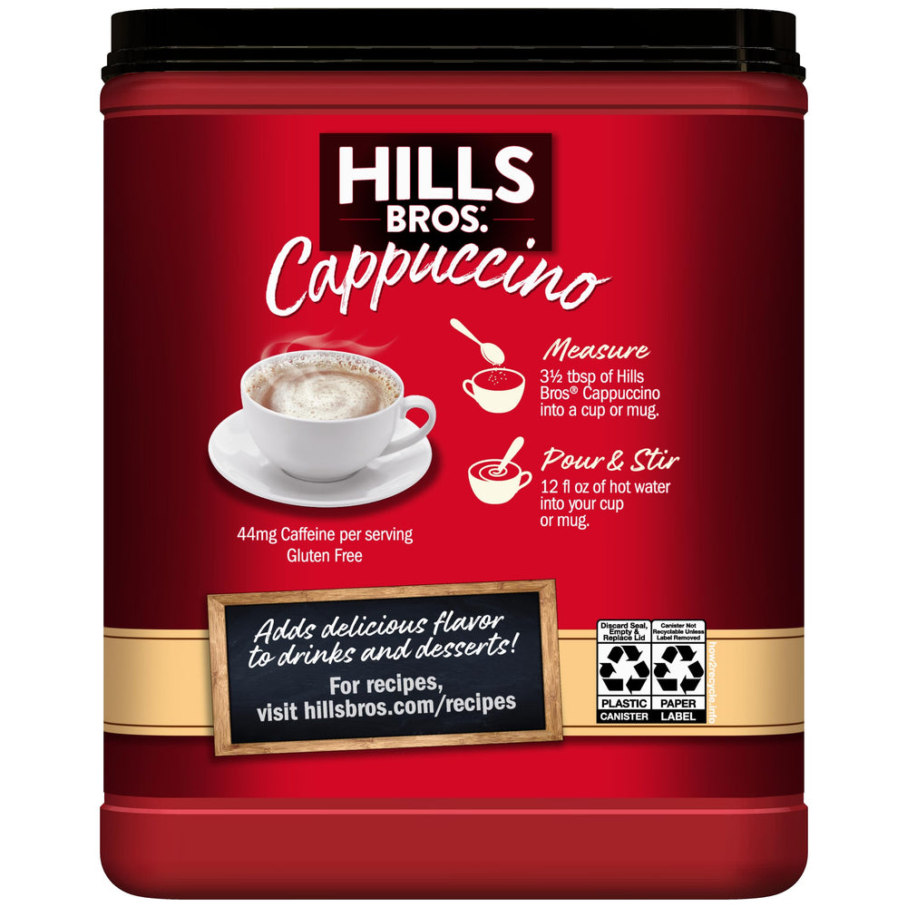 Hills Bros Cappuccino Hazelnut creamer pour over mug for creamy versatility.