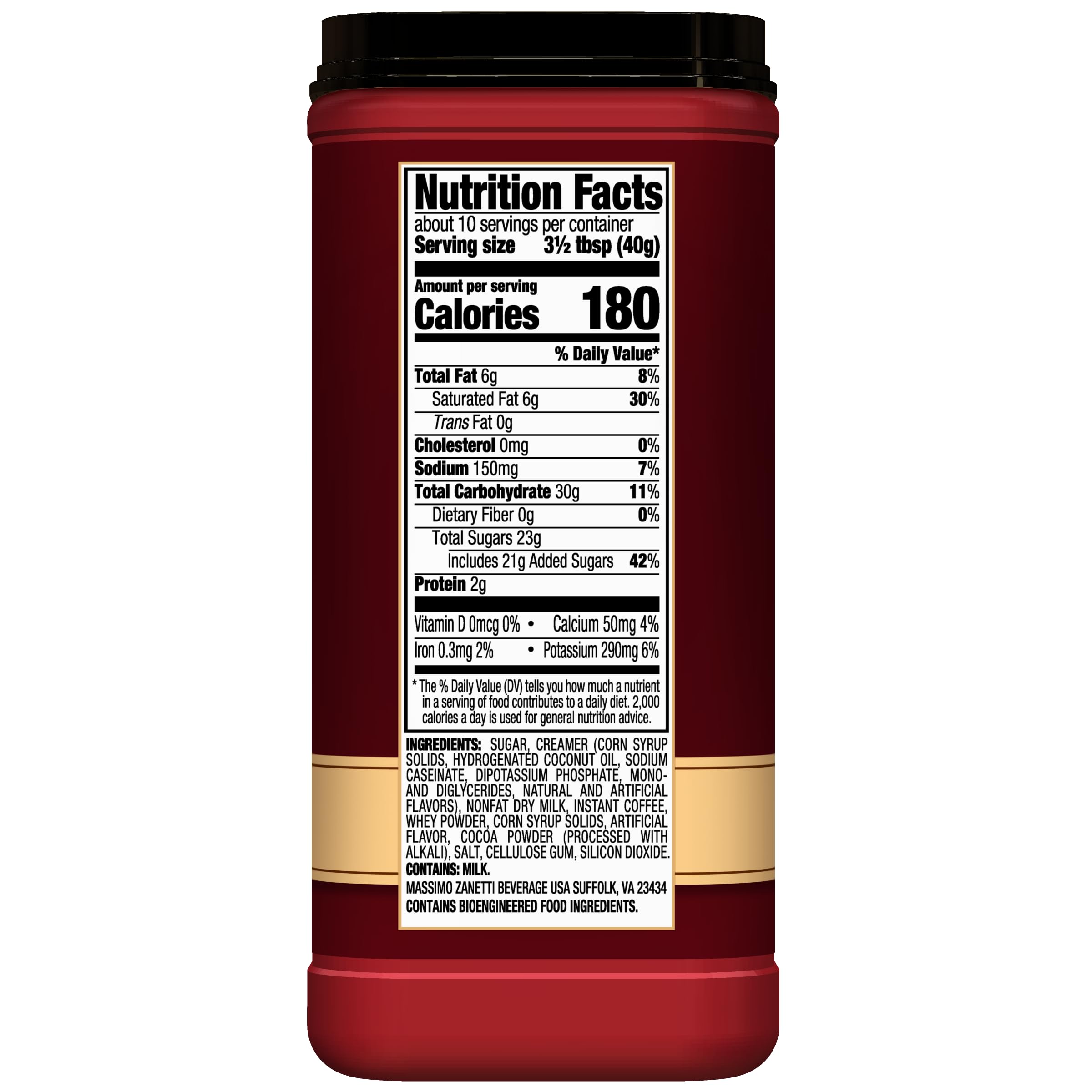Hills Bros Cappuccino Hazelnut frothy top shown, premium flavor in an instant.