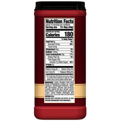 Hills Bros Cappuccino Hazelnut frothy top shown, premium flavor in an instant.