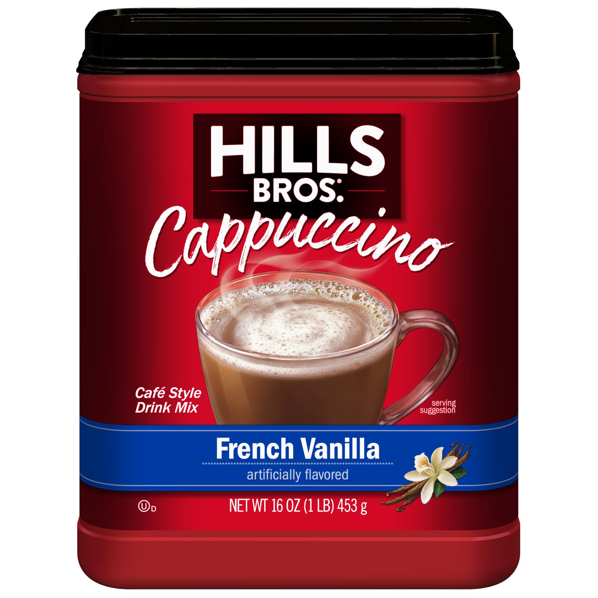 Hills Bros Cappuccino Mix cup with froth for café-style mornings.
