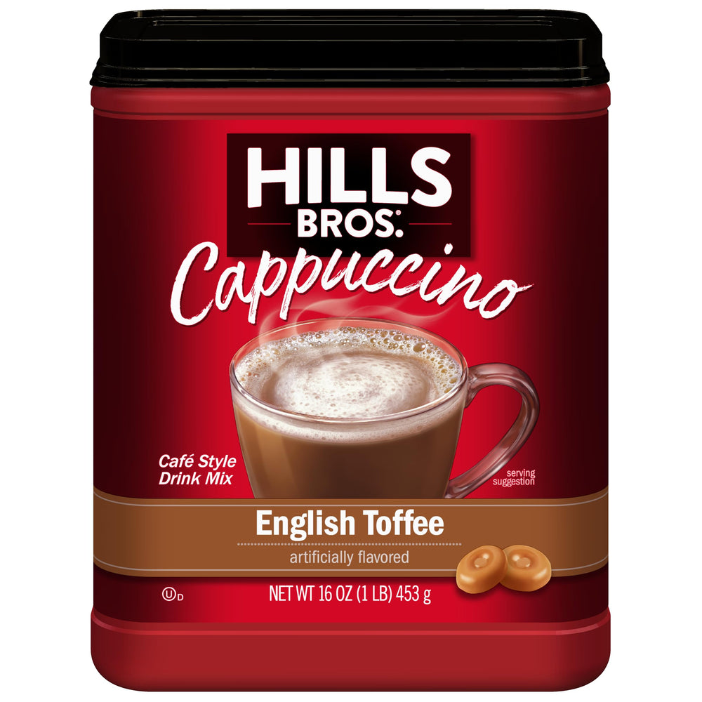 Hills Bros Cappuccino Mix English Toffee cup—smooth, coffeehouse-style flavor at home.