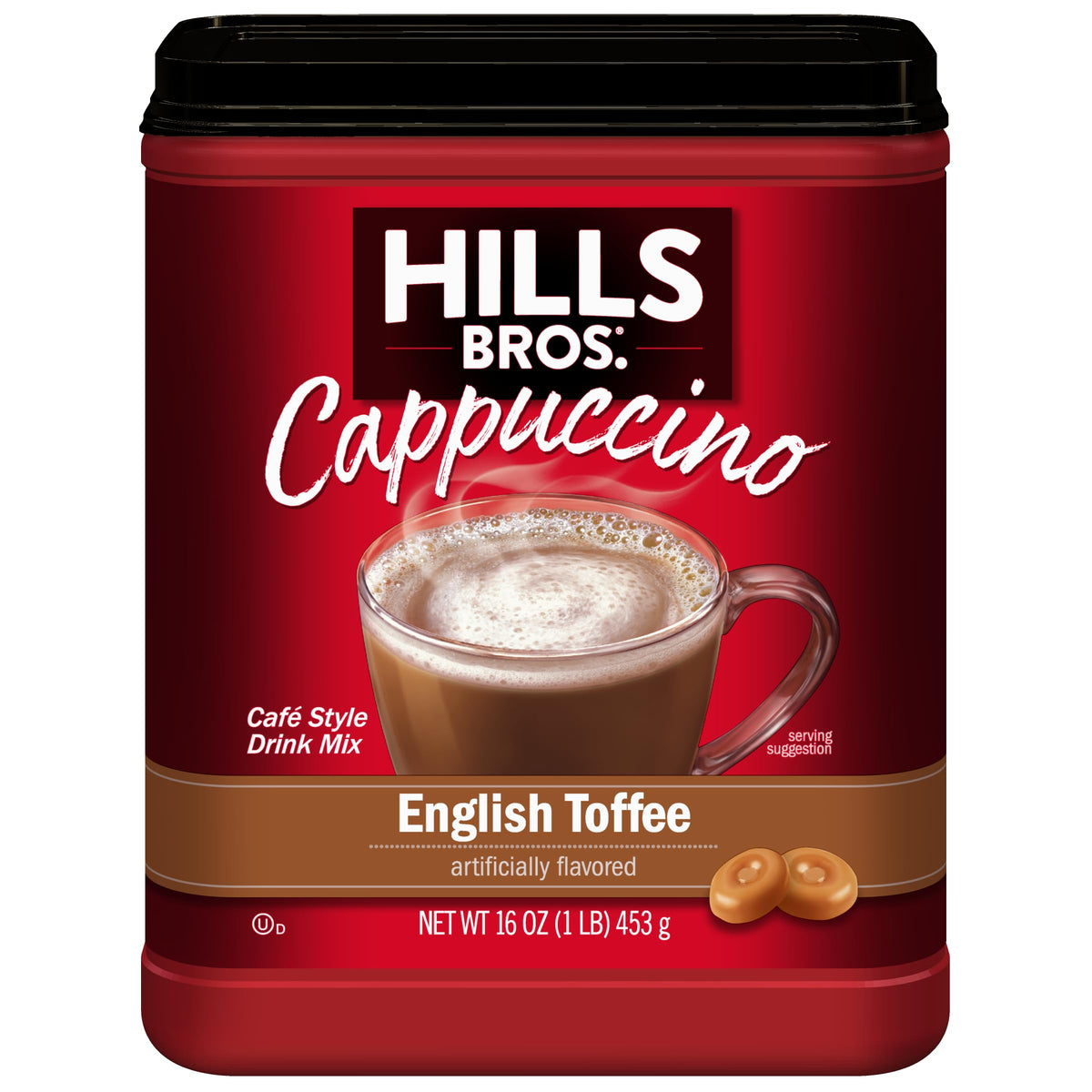 Hills Bros Cappuccino Mix English Toffee cup—smooth, coffeehouse-style flavor at home.