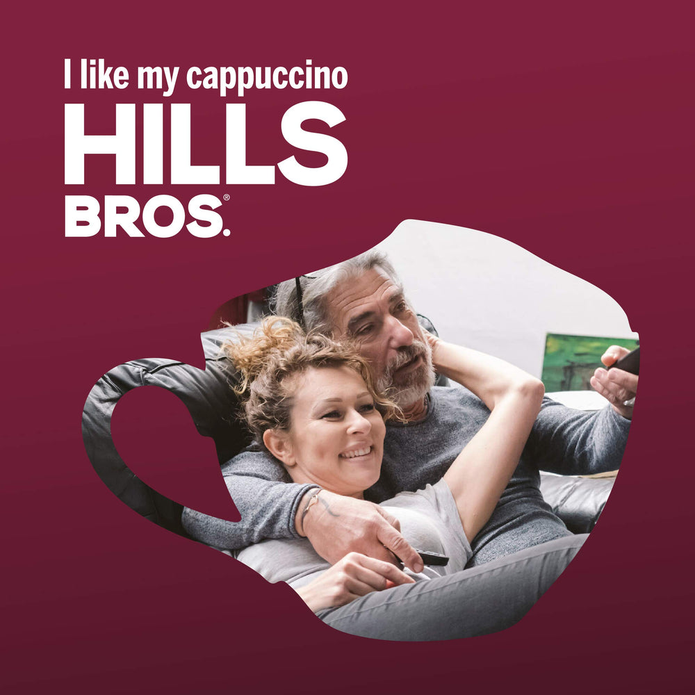 Iced coffee glass with Hills Bros mix highlighting refreshing cold option
