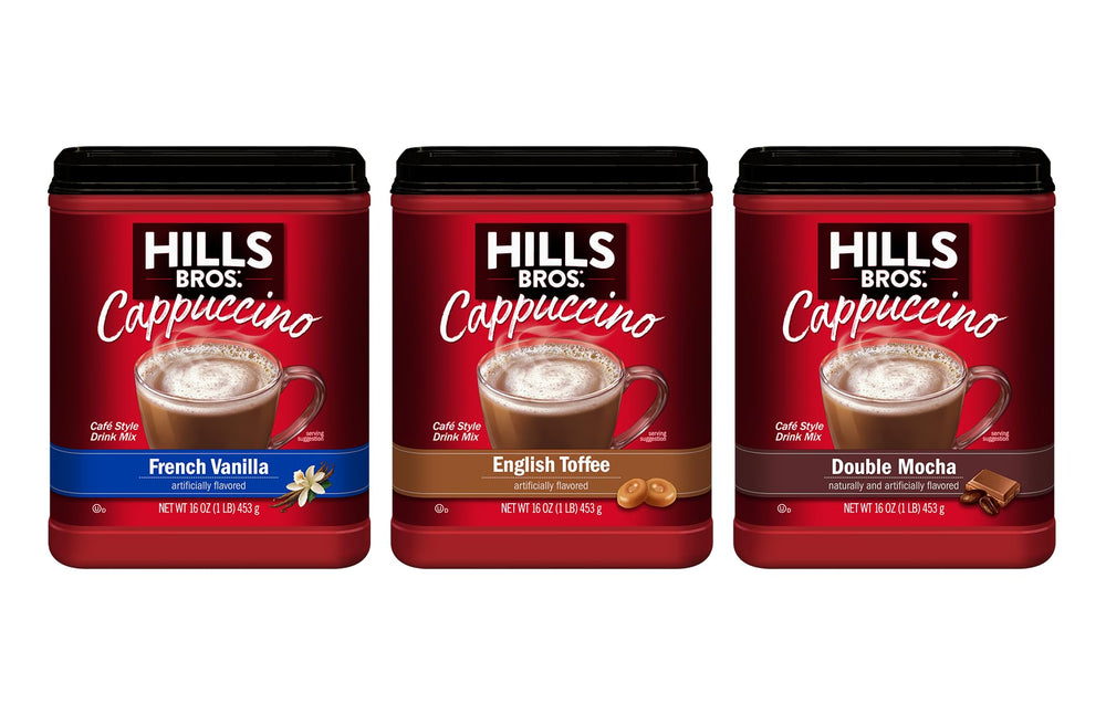 Hills Bros Cappuccino Mix packaging shows the 3-pack bundle for home coffee moments.