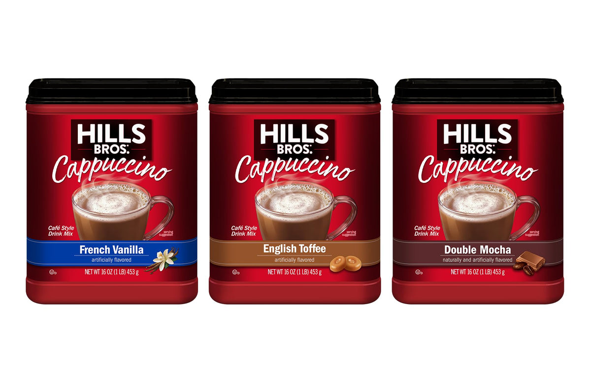 Hills Bros Cappuccino Mix packaging shows the 3-pack bundle for home coffee moments.