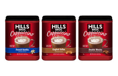 Hills Bros Cappuccino Mix packaging shows the 3-pack bundle for home coffee moments.