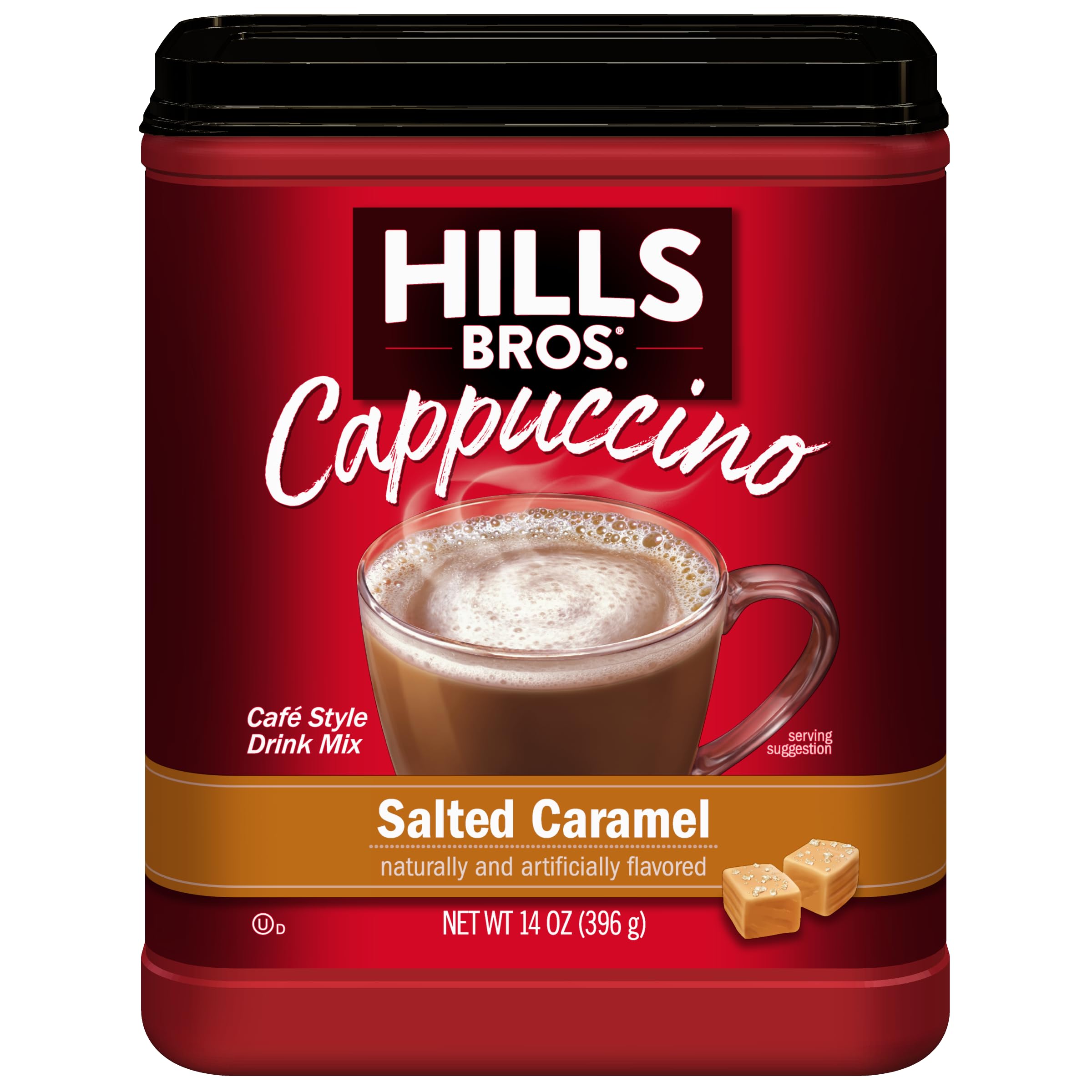 Hills Bros Cappuccino Mix salted caramel pack 14oz close-up, ready to brew a creamy cup.