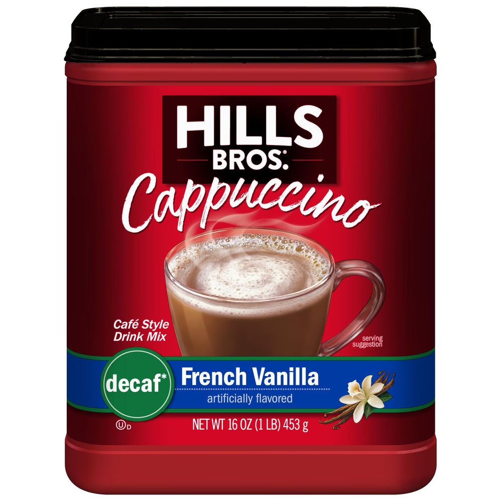 Hills Bros Cappuccino Mix vanilla package front, cozy at-home indulgence