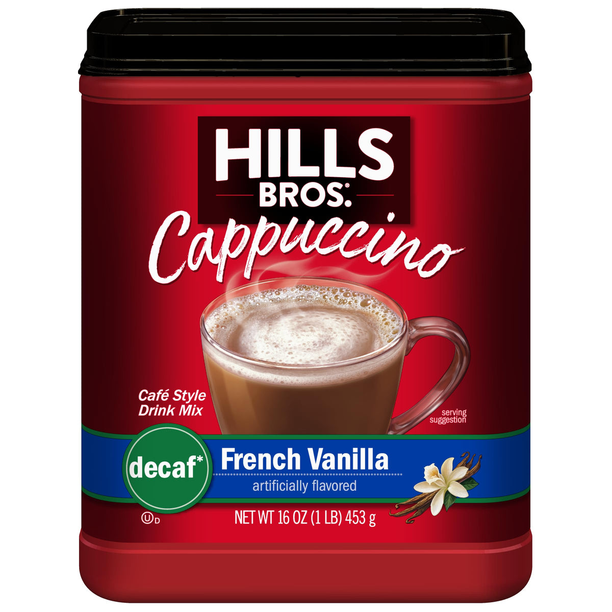 Hills Bros Cappuccino Mix vanilla package front, cozy at-home indulgence