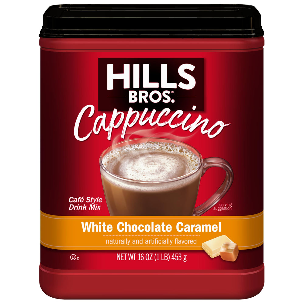 Hills Bros cappuccino mix package highlighting white chocolate caramel flavor for a quick café-style treat