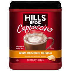 Hills Bros cappuccino mix package highlighting white chocolate caramel flavor for a quick café-style treat
