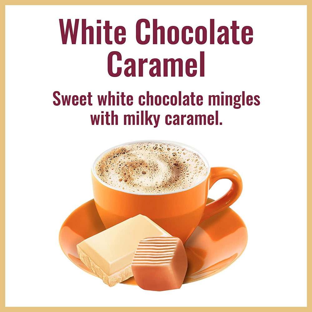 Hills Bros Cappuccino Mix white chocolate caramel flavor adds indulgent sweetness.