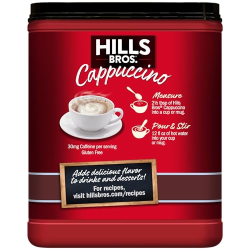 Hills Bros Cappuccino steaming cup fills the room with aroma.