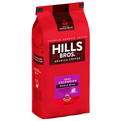Hills Bros Colombian whole bean coffee bag close-up highlighting premium Arabica beans for a fresh aroma