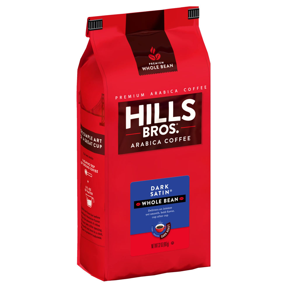Hills Bros Dark Satin whole beans close-up, bold aroma and robust flavor.