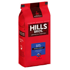 Hills Bros Dark Satin whole beans close-up, bold aroma and robust flavor.