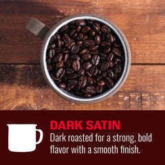 Hills Bros Dark Satin beans closeup highlights rich texture and aroma potential.