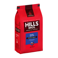 Hills Bros Dark Satin package front, showcasing premium whole beans ready for fresh grinding.