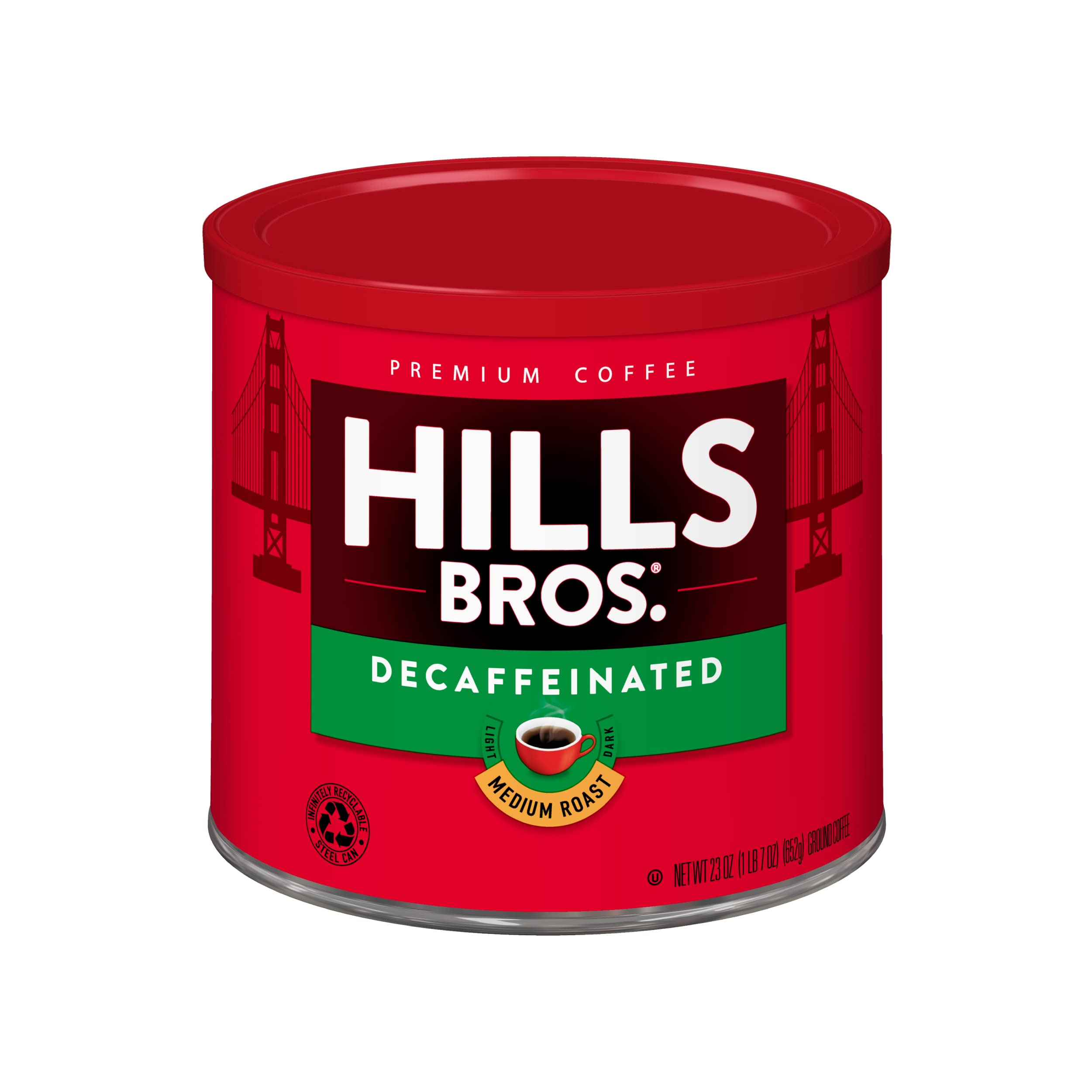 Hills Bros. decaf ground coffee can front view highlighting easy daily brew.