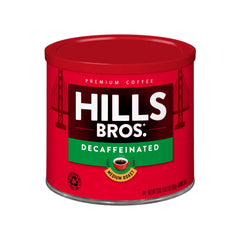 Hills Bros. decaf ground coffee can front view highlighting easy daily brew.