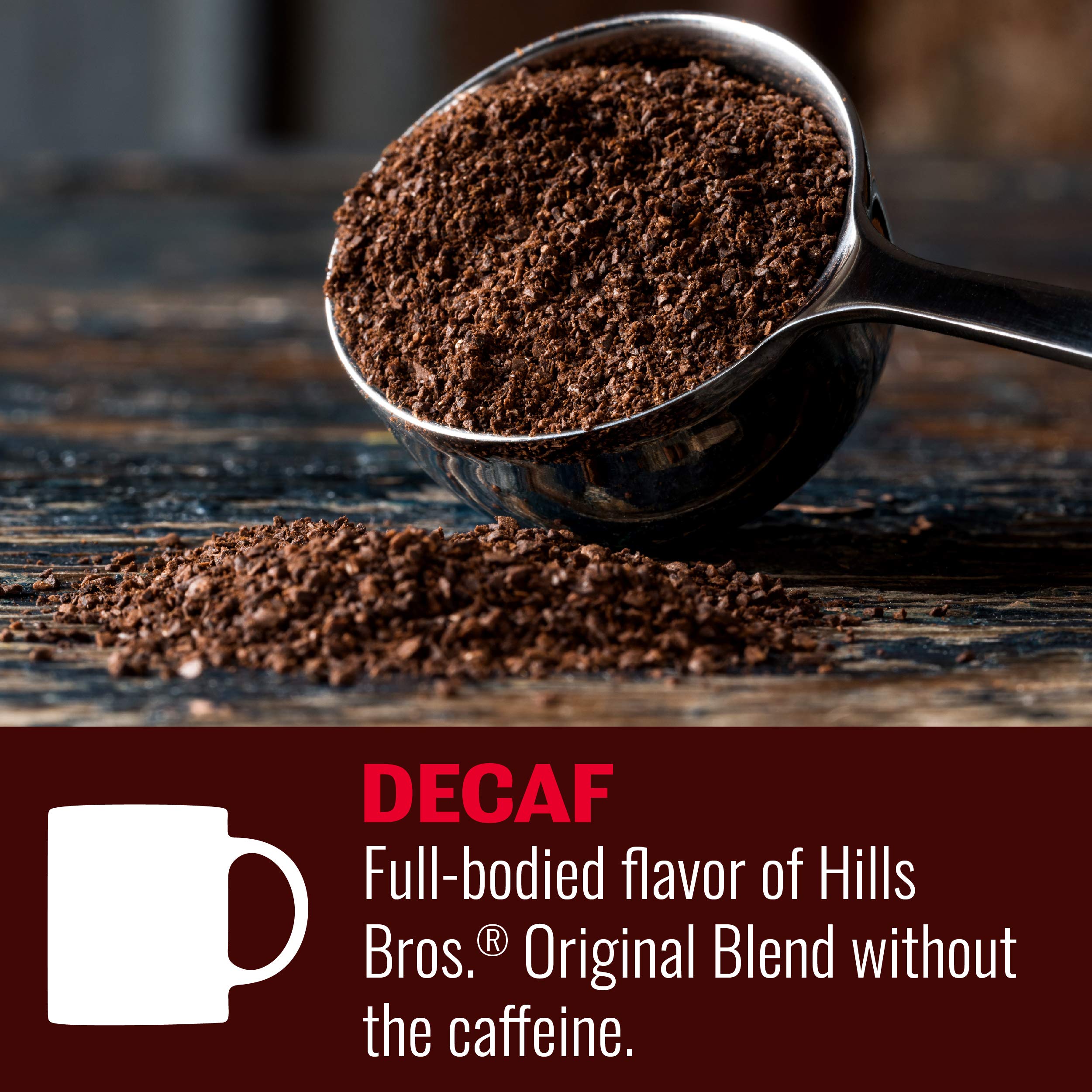 Hills Bros. decaf ground coffee can with lid open, pour-ready aroma.