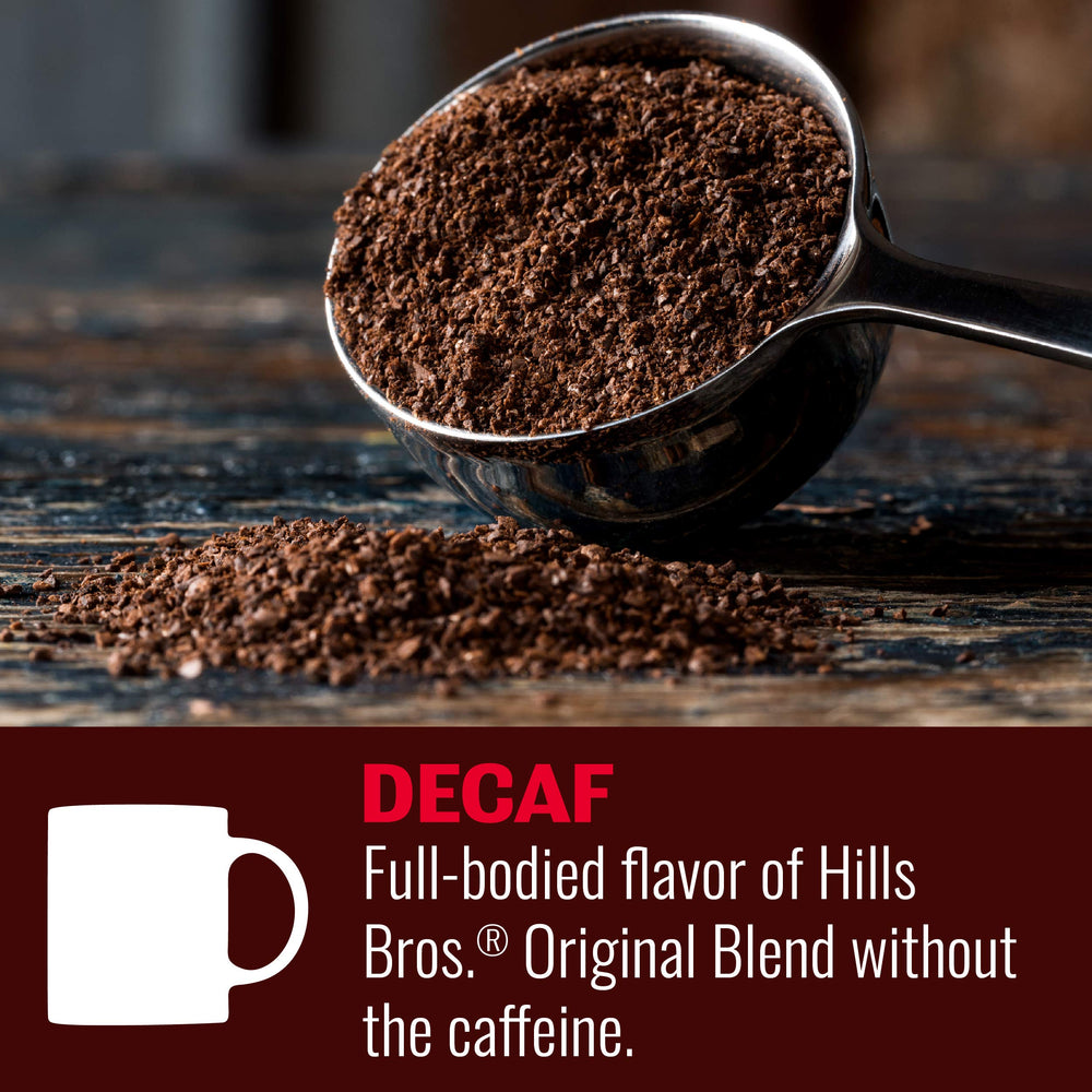 Hills Bros. decaf ground coffee can with lid open, pour-ready aroma.