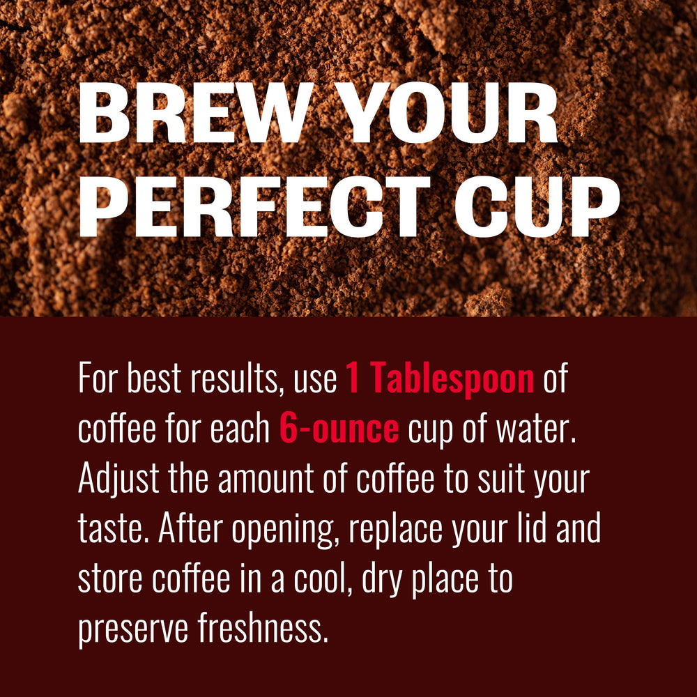 Hills Bros. ground coffee in cup with swirl emphasizes smooth, full-bodied flavor.