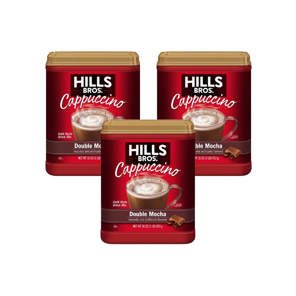 Hills Bros Double Mocha cappuccino being poured into a mug, quick indulgence