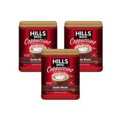 Hills Bros Double Mocha cappuccino being poured into a mug, quick indulgence