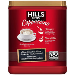Three-pack Hills Bros cappuccino on a kitchen counter