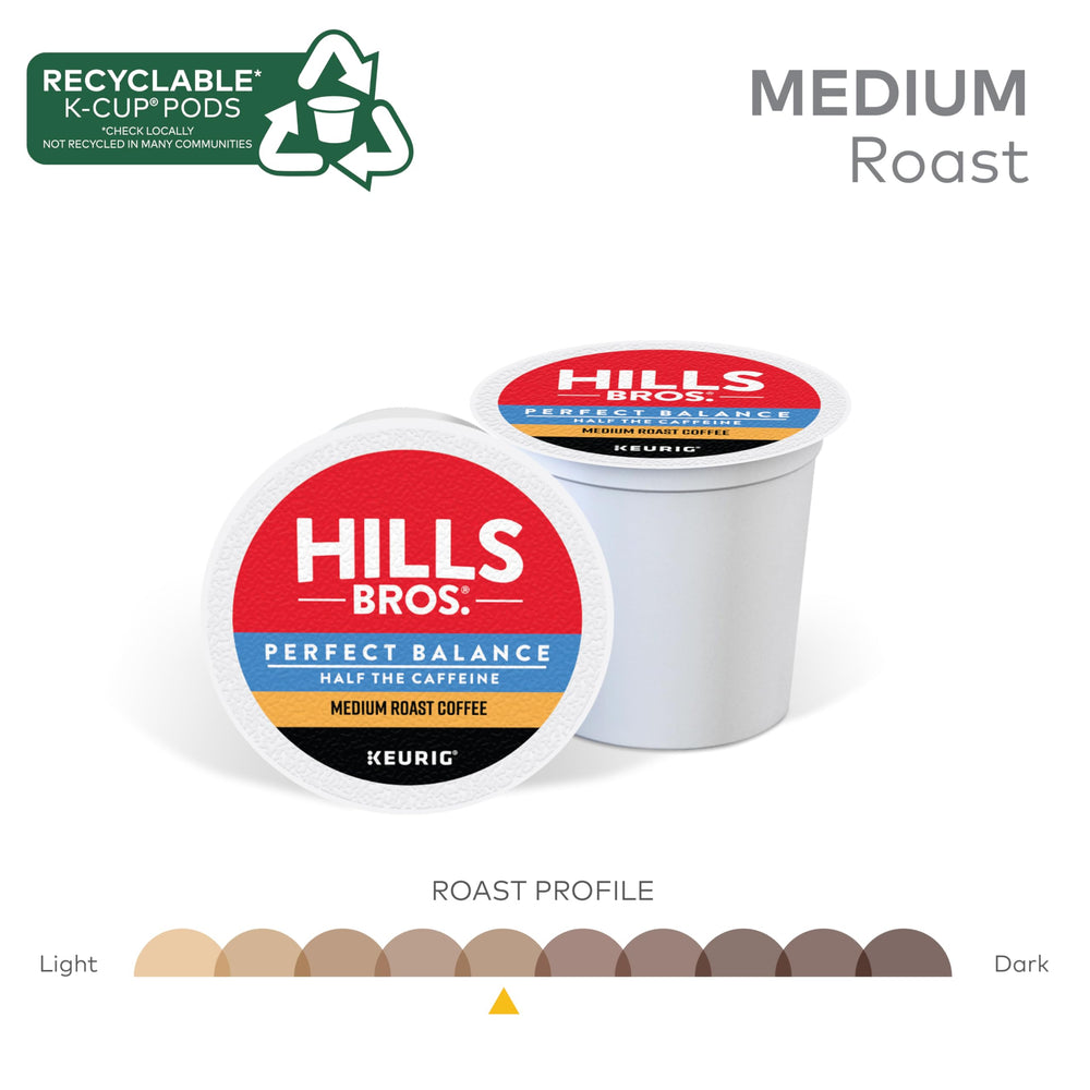 Hills Bros Perfect Balance K-Cup Pod packaging highlights recyclability for eco-conscious routines.
