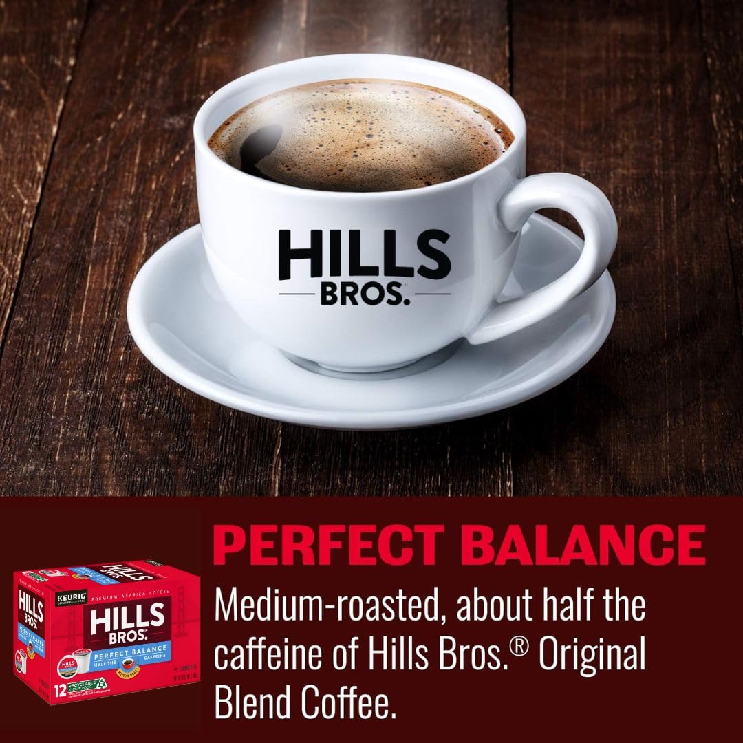 Hills Bros Perfect Balance K-Cup Pod shown with rich crema and aroma.