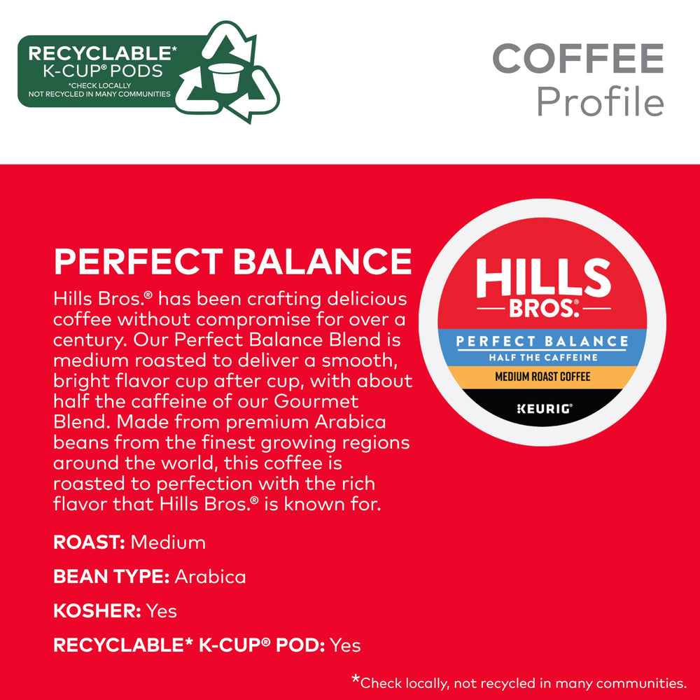 Hills Bros Perfect Balance K-Cup Pod with OU Kosher label conveys dietary inclusivity.